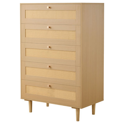 Commode 5 tiroirs en rotin, commode de placard moderne pour la chambre à coucher, commode en rotin naturel avec poignées en métal et pieds en bois, rangement pour vêtements de la commode et chambre à coucher, salon, couloir
