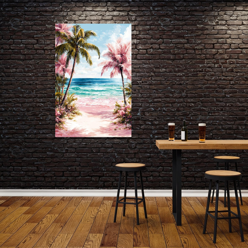 Art mural côtier tropical de plage rose, 60" H x 40" W
