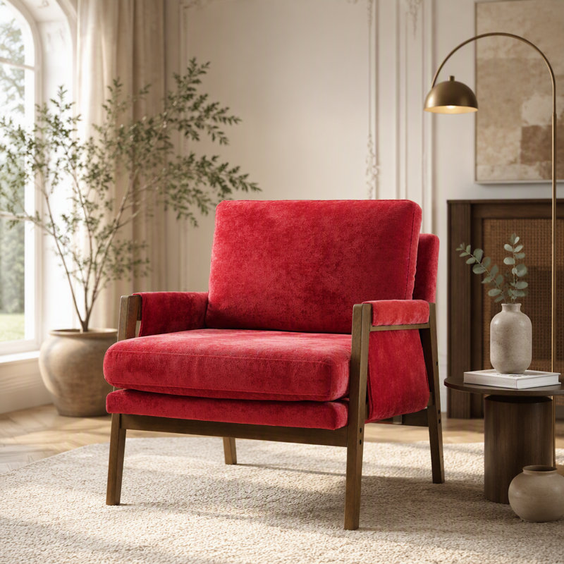 Fauteuil Mid-Century moderne en velours, rouge