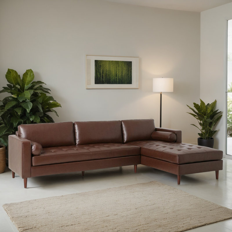 Canapé modulaire en L de 2 pièces rembourré faisant face à la droite pour le salon, Simili cuir brun foncé