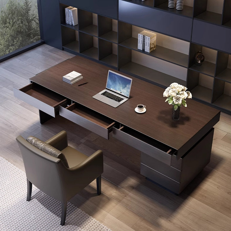 Bureau rectangulaire en bois manufacturé de couleur fumée + acier inoxydable avec 3 tiroirs