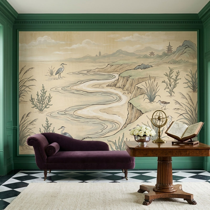 Papier peint oriental paysage mural Wetlands Winding River, 120 po x 96 po, Texturé non collé