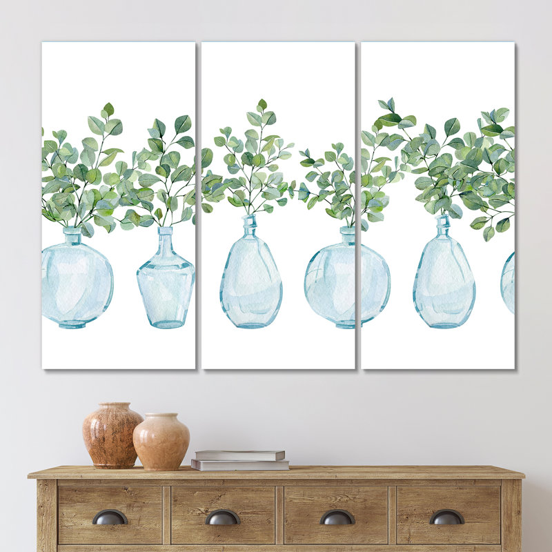 «House Plants In Glass Vase, Eucalyptus Branches II», reproduction d'art sur toile, H 32 po x l 48 po x P 1 po
