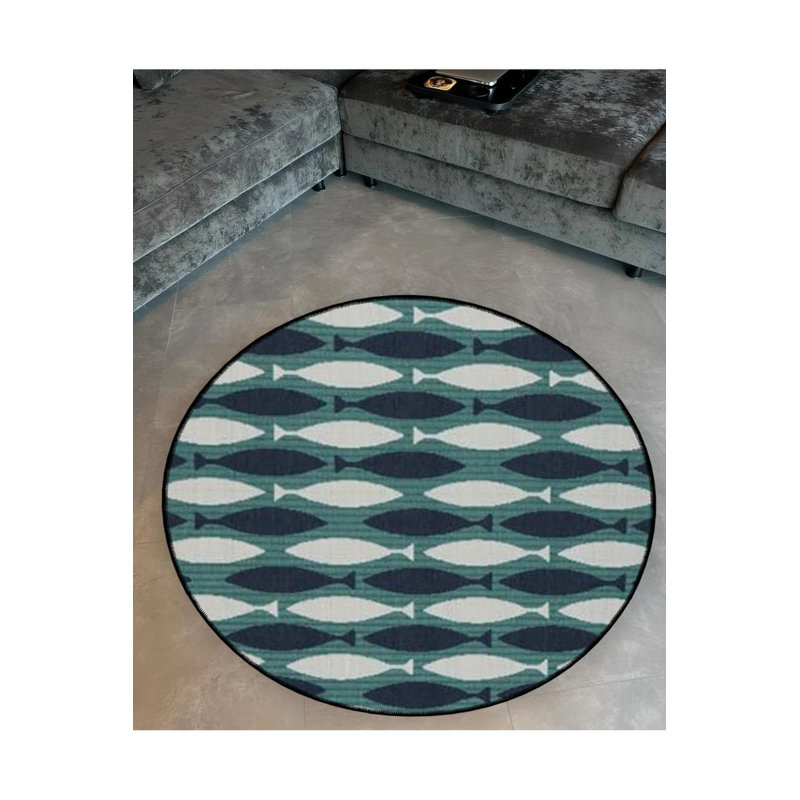Silhouette Fish Patterned Woven Base Modern Decorative Carpet, Round 4'