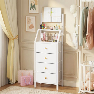 Commode haute avec miroir, commode pour chambre à coucher avec 4 tiroirs en tissu et tablettes ouvertes