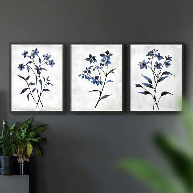 Étude florale CLxxvi -Set de 3 estampes numériques giclées -Prêt à accrocher, Noir, H 28 po x l 66 po