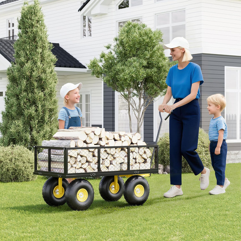 Chariot de jardin robuste, chariot en acier d'une capacité de 900 lb, roues tout-terrain de 10 po, poignée rotative, noir et jaune