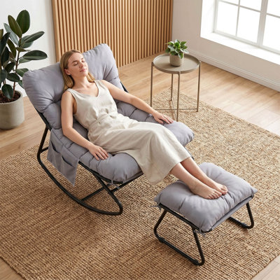 Outdoor Papasan Rocking Chair with Ottoman, Lounge Chair with Cushion & Sturdy Metal Frame, Patio Rocker Chair for Balcony Backyard Porch Bedroom, Gray
