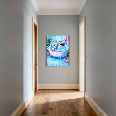 Shark And Bunny In Bathtub Canvas Wrapped Wall Art Oil Painting Print Set Of 1