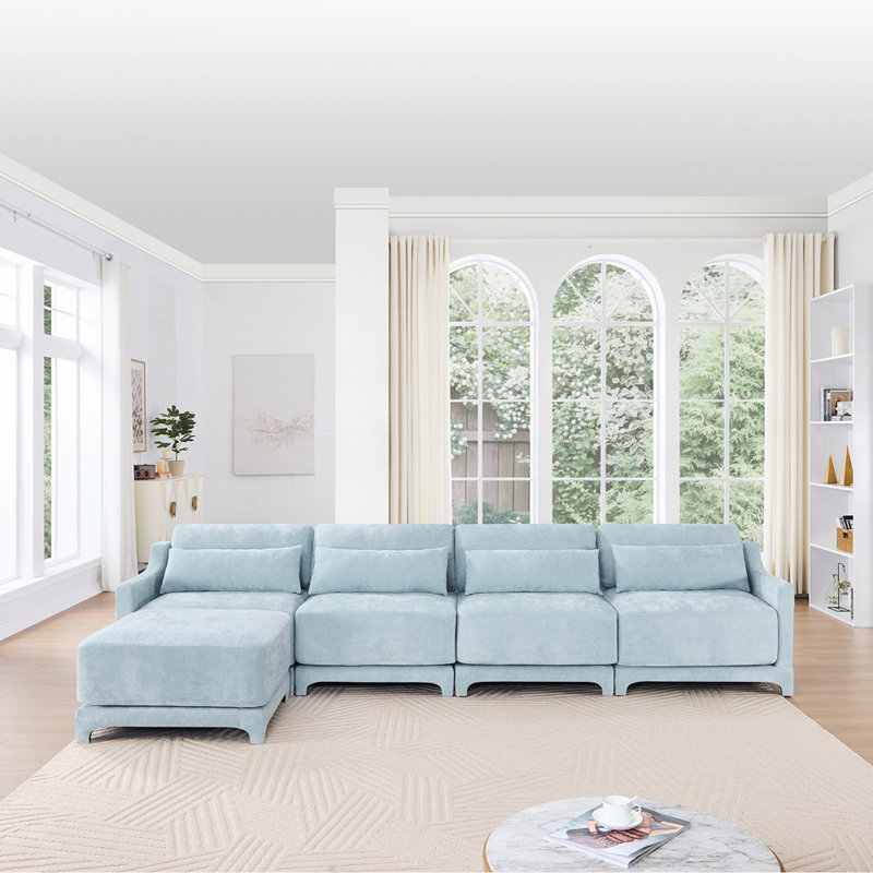 Élégant canapé à quatre places avec repose-pieds en tissu chenille avec base en bois de haute qualité Installation facile, idéal pour les études et les salons