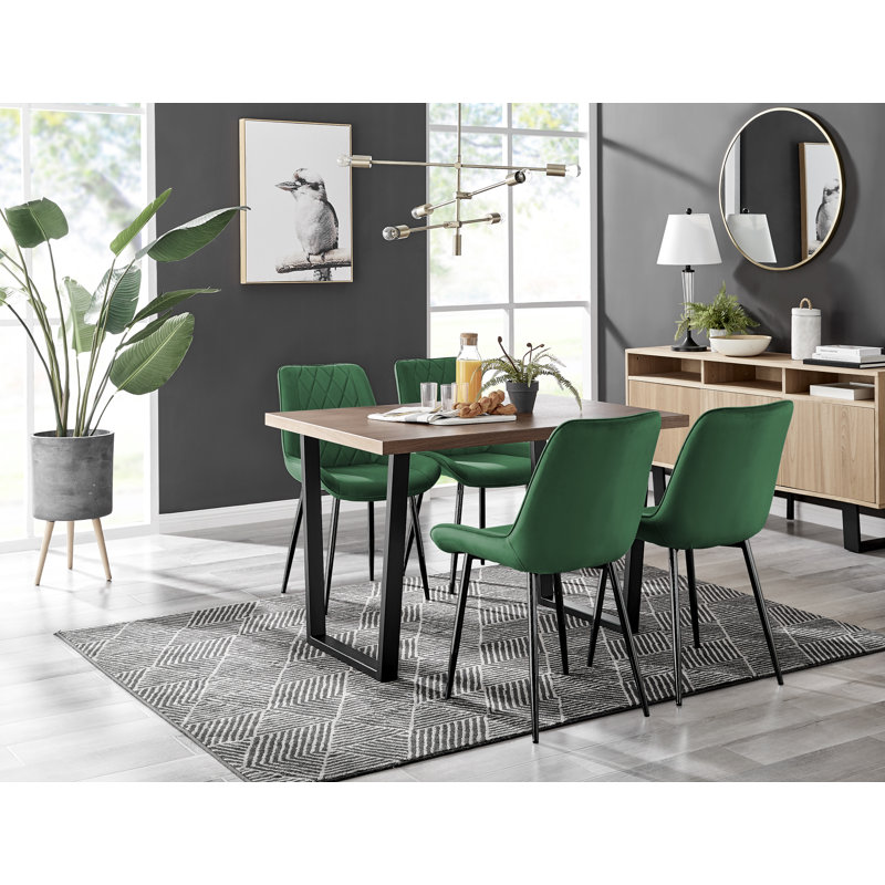 Edzard Industrial Style Wood Effect Dining Table Set with 4 Luxury Velvet Upholstered Dining Chairs, Green/Black