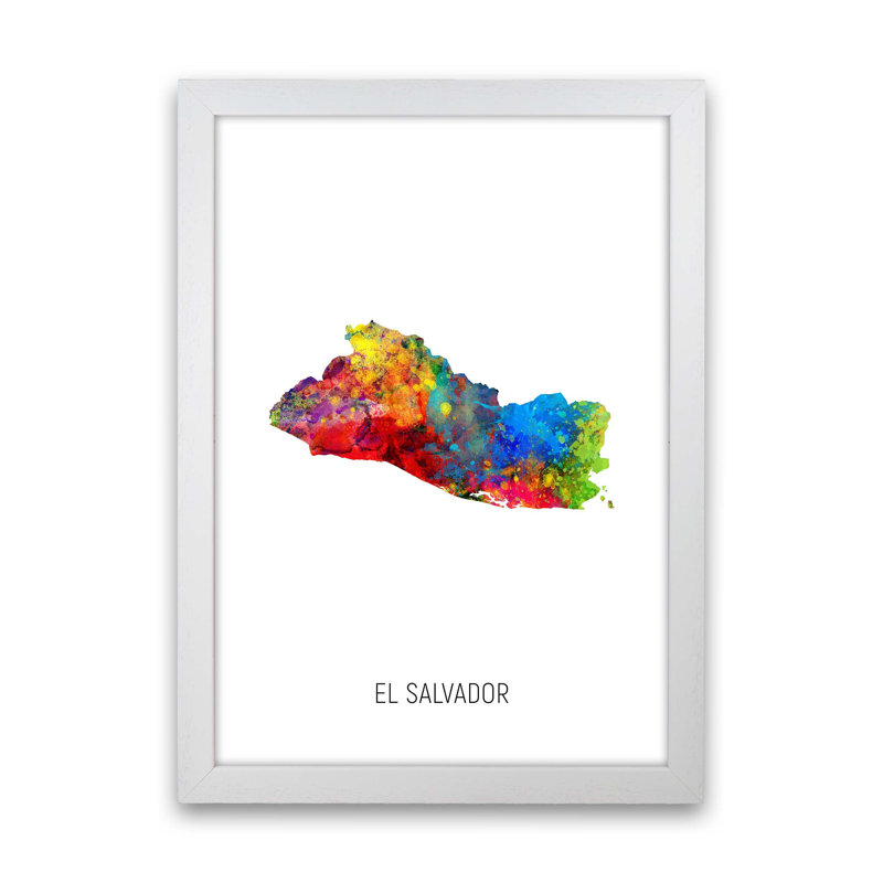 El Salvador Watercolour Map by Michael Tompsett - Print, 46cm H x 34cm W x 3cm D, White Framed