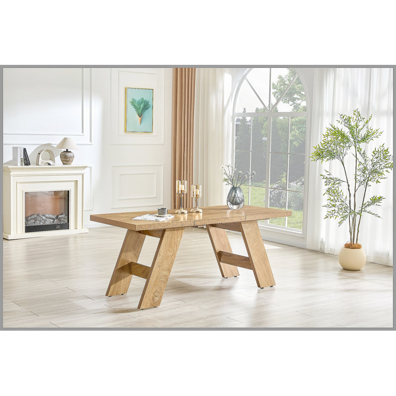 Table de salle à manger rectangulaire en bois aggloméré de 71 po x 31,5 po d'épaisseur avec pieds en bois à double panneau incliné vers l'extérieur. Table de salle à manger moderne pour un usage domestique. Accueille 6 à 8 personnes, polyvalent pour de multiples cas de figure.