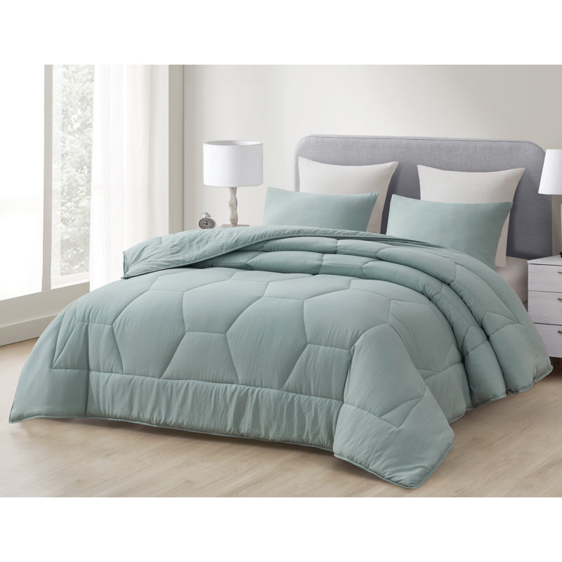 Washed Microfiber Bedding Honeycomb Comforter Set, Aqua, Queen Comforter + 2 Standard Shams