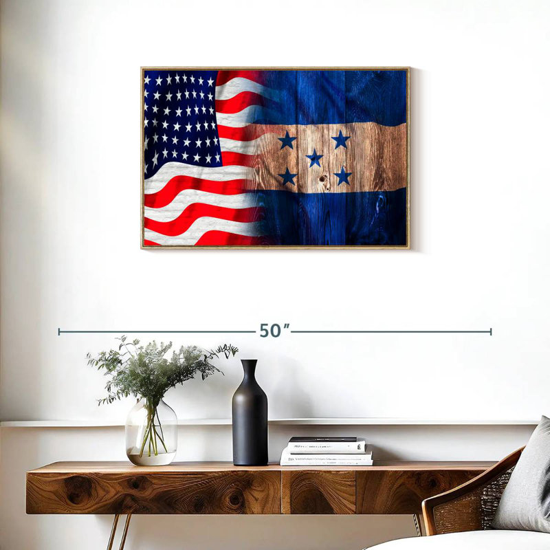 USA And Honduras Flag, Floating Frame Natural Wood, 31" X 21"