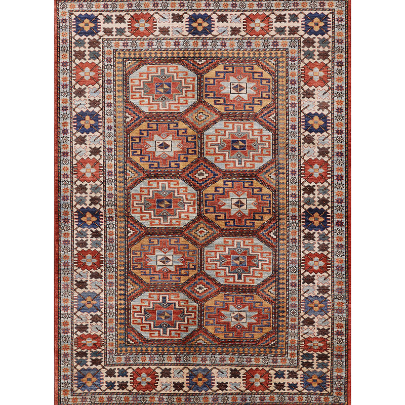 Tapis géométrique brun / beige / bleu, Rectangle 7 pi x 9 pi