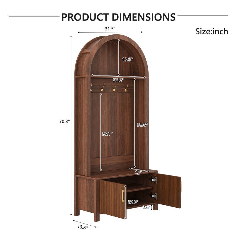 Meuble Dewitt à toit arqué avec banc, rangement pour chaussures, 4 crochets métalliques et 2 portes cannelées, Noyer
