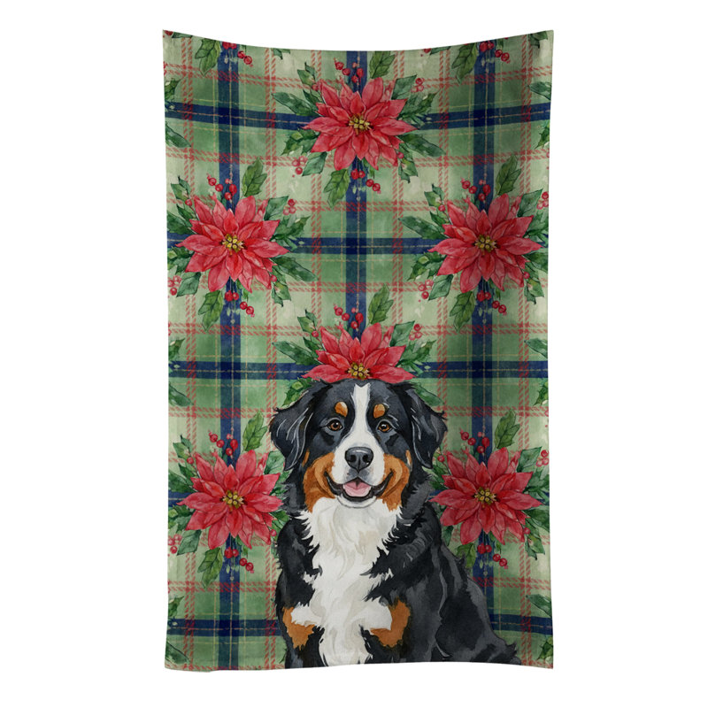 Bernese Mountain Dog Christmas PoinsettIas Kitchen Towel, Black/White Bernese Mountain Dog