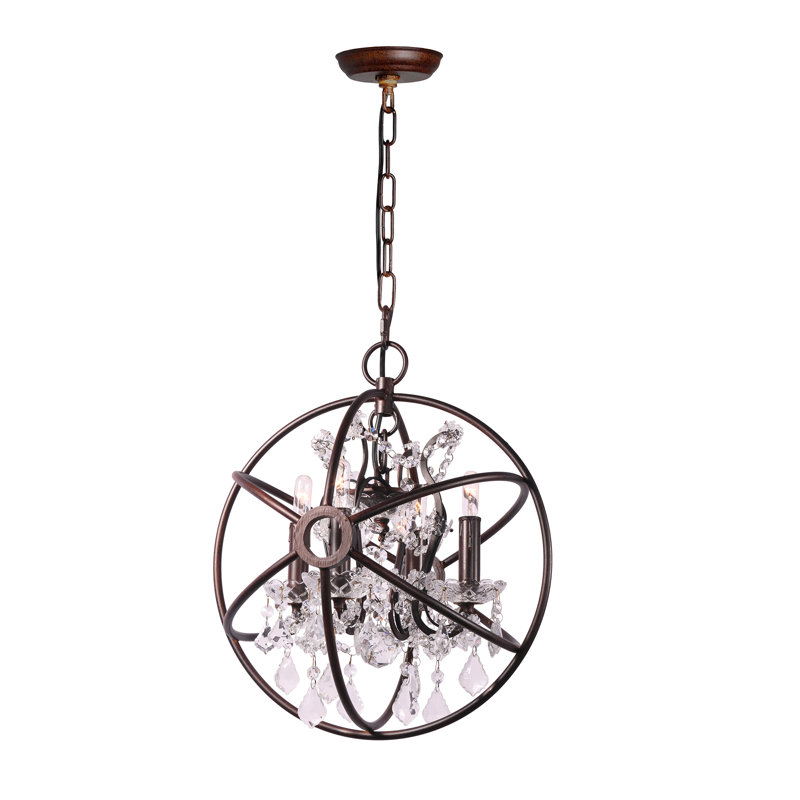 Globe terrestre 4 lumières Chadelier en bronze huilé et cristaux transparents