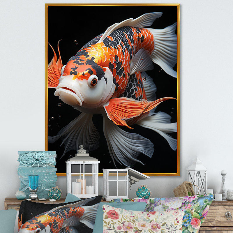«Copas Orange Kois Fish Bold Contrast», reproduction sur toile, Encadrement doré, H 20 po x l 12 po x P 1 po