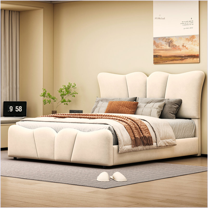 Lit plateforme tapissier en velours, Lit double, Beige