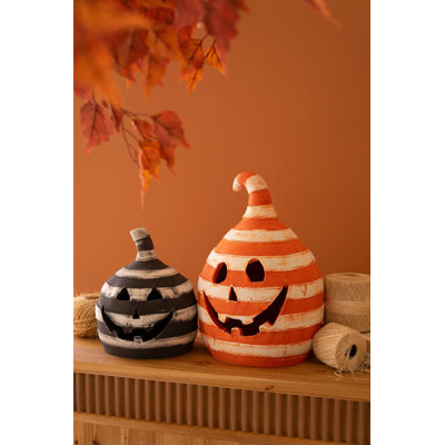 Kalalou 14"H Handcrafted Clay Striped Pumpkin Lanterns – Set of 2