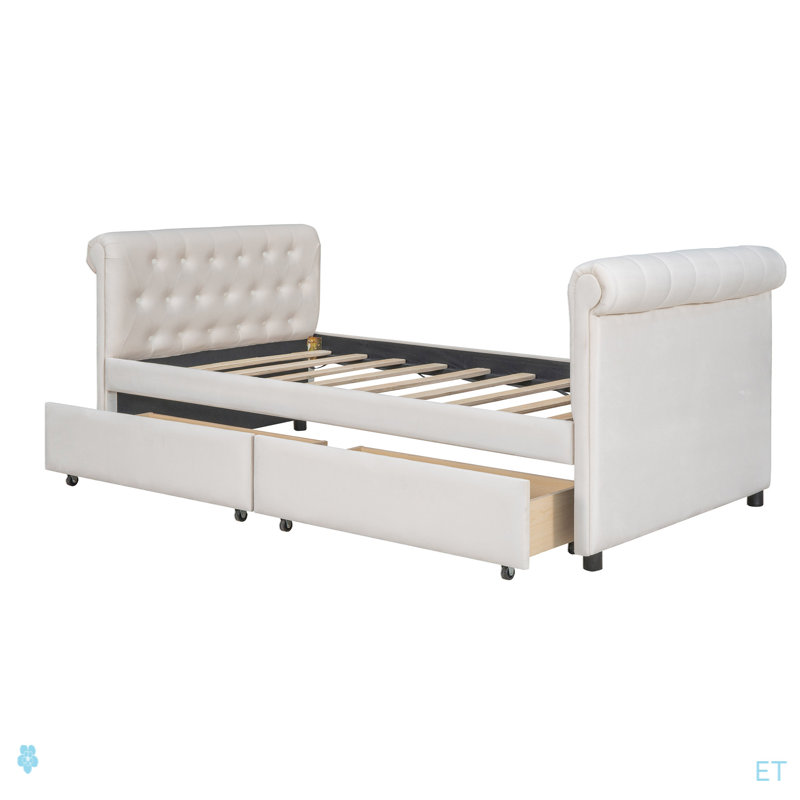 Twin Size Upholstered Daybed With Drawers, Wood Slat Support, Beige