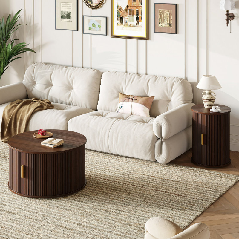 Round Fluted Coffee Table Set With Sliding Tambour Door And Storage, Walnut