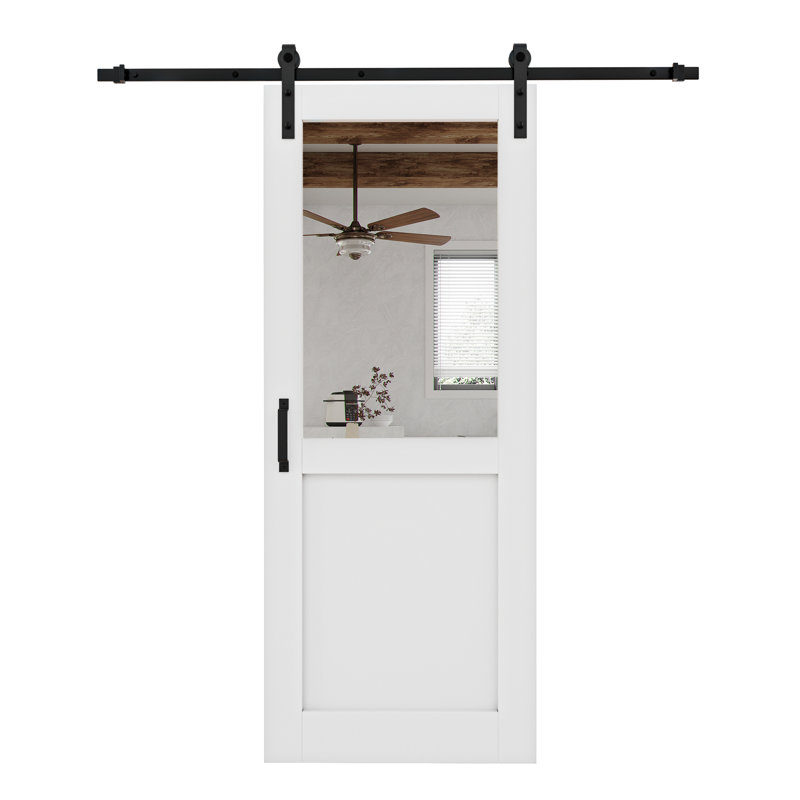 Porte de grange coulissante en demi-verre avec apprêt et miroir avec trousse de quincaillerie d'installation (aucun assemblage requis)