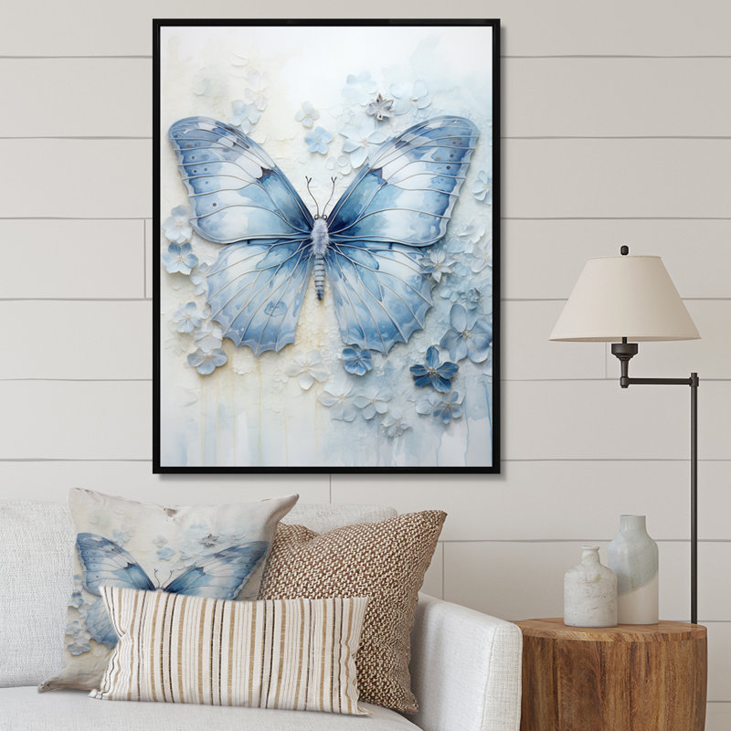 «Blue Butterfly Whispering Wings I», art mural papillon, H 32 po x l 16 po x P 1 po, Cadre flottant noir