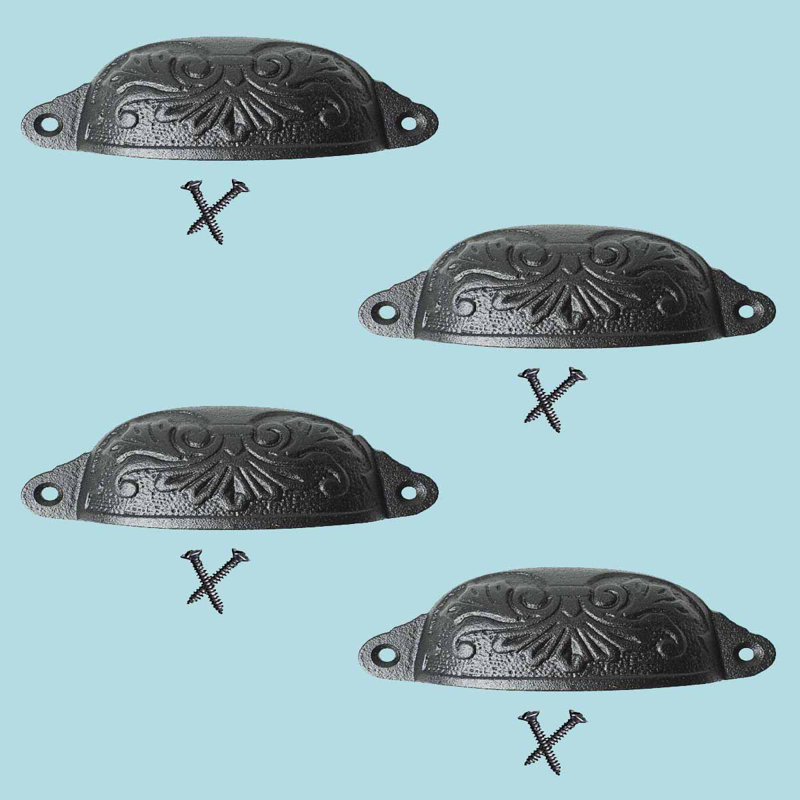 Antique Black Wrought Iron Floral Cup Pulls with Mounting Hardware