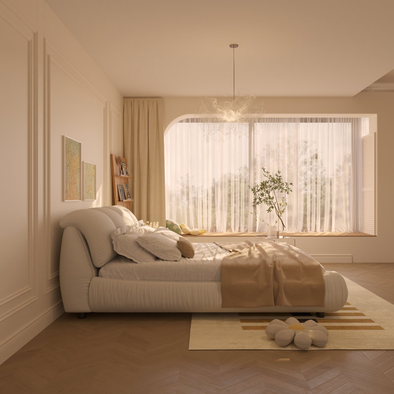 Lit plateforme de luxe avec dossier surdimensionné rembourré, lit plateforme tapissier, lit unique, Grand lit, Beige