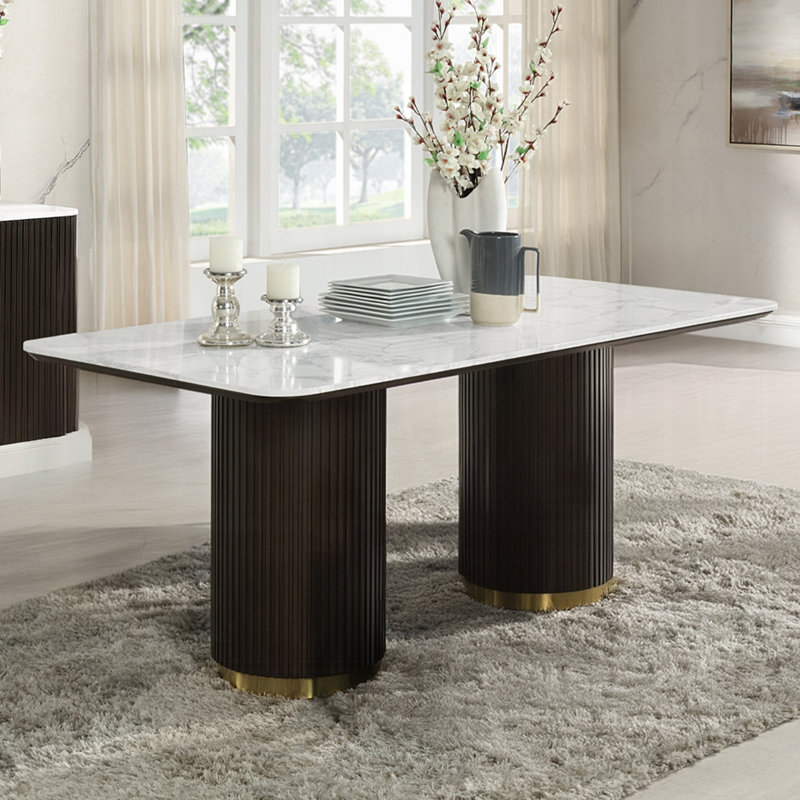 Table de salle à manger rectangulaire avec plateau en faux marbre espresso et blanc