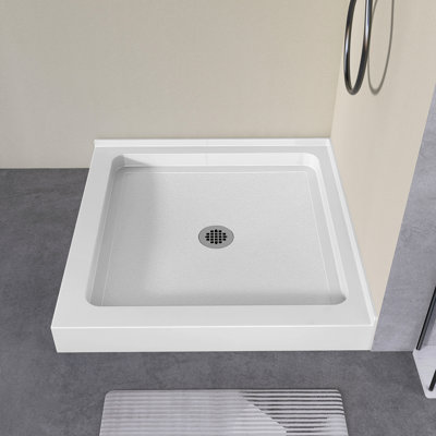 36" D X 36" W Acrylic Coner Shower Base Square Double Threshold White Shower Pan with Center Drain & Non-slip Design