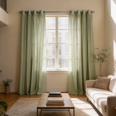 Gathered Linen-Textured Grommet Semi-Sheer Curtains