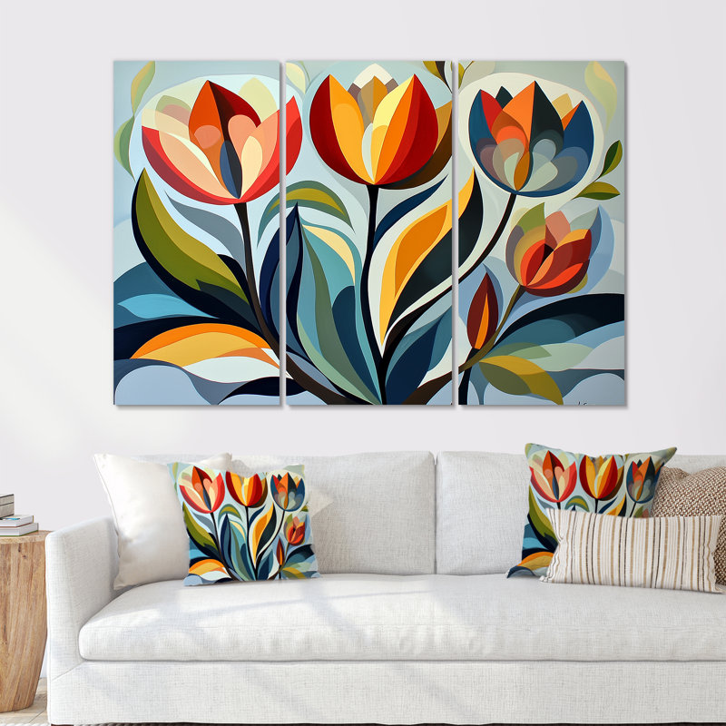 «Green Mid Century Mod Nature Tulip I», ensemble de décorations murales abstraites de style Mid-Century, Métal métal