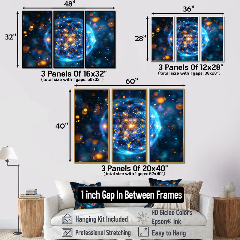 Cosmic Sacred Geometric - Fractals, ensemble d'art mural, H 28 po x l 36 po x P 1 po, Cadre flottant noir
