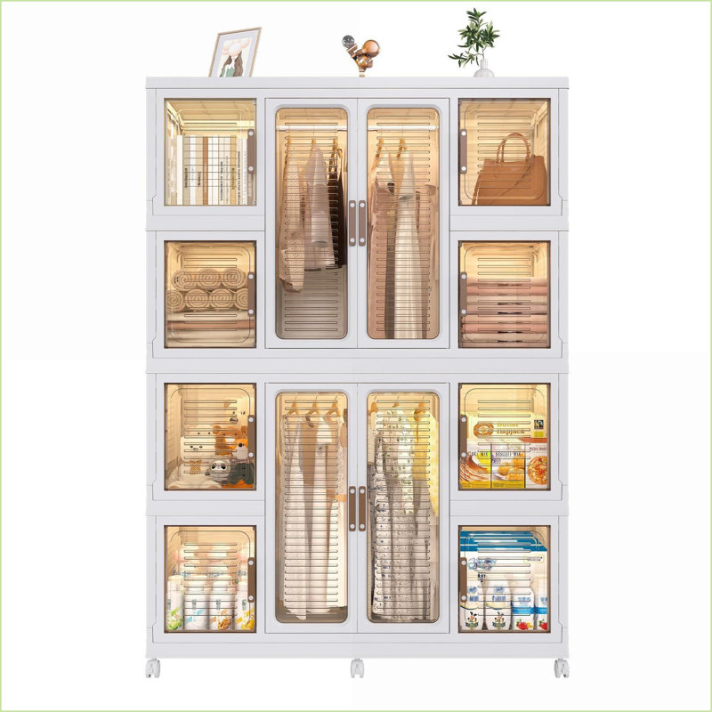 Portable Wardrobe Closet Organizer | 12 Cubes, 2 Hanging Rods, 16 Hangers, Magnetic Doors | White | Polypropylene