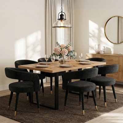 Modern 71" Rectangular Dining Set With 6 Chenille Upholstered Curved Arm Dining Chairs