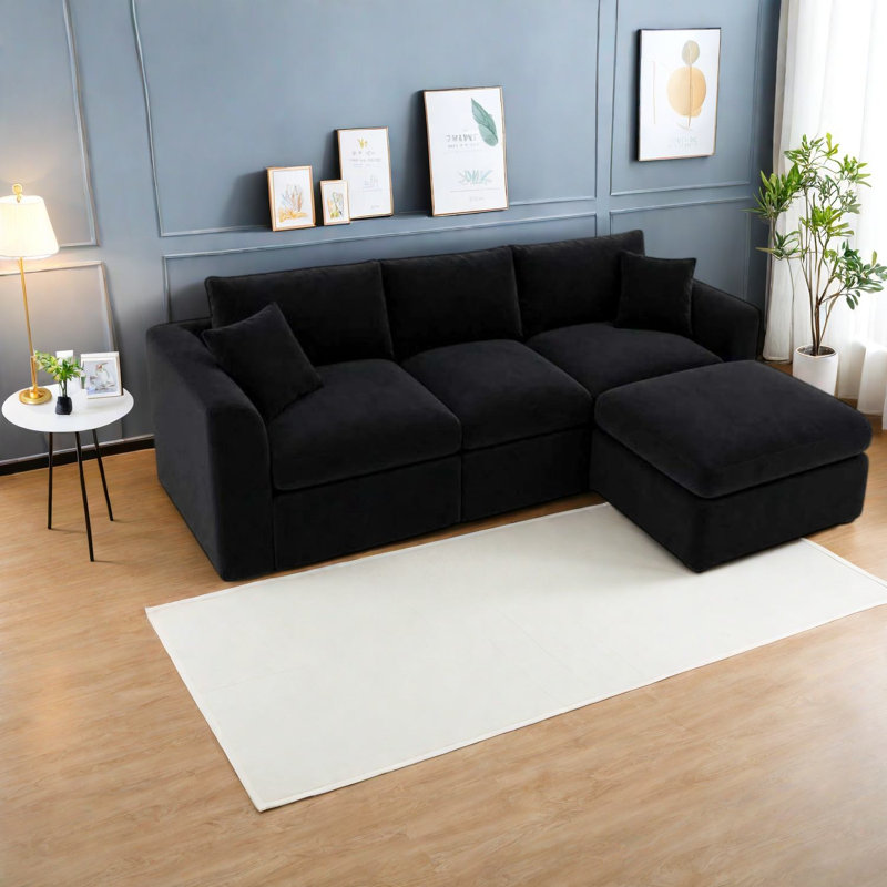 Canapé d'angle modulaire à compression, canapé en mousse noire, forme en L moderne pour la maison