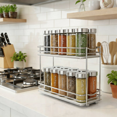 Armoire de cuisine avec tiroir à épices coulissant à double couche de 4,4 pouces de largeur avec glissières chromées, support à bouteilles d'épices et à bocaux.