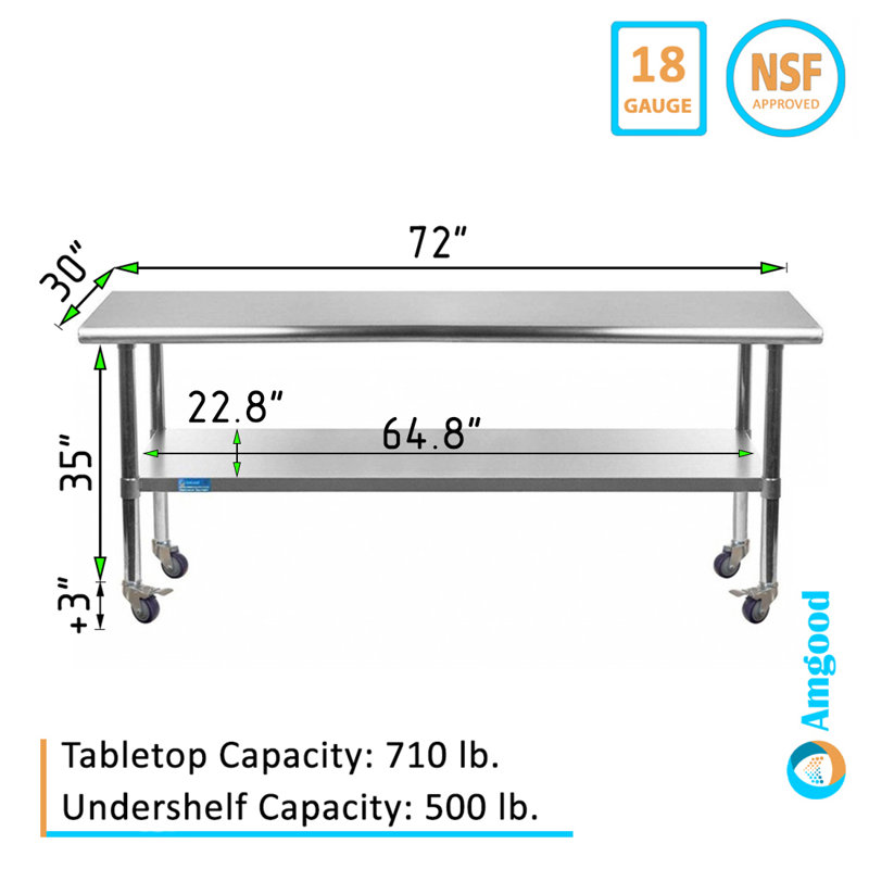 Table de préparation à roulettes 30 x 72 avec plateau en acier inoxydable