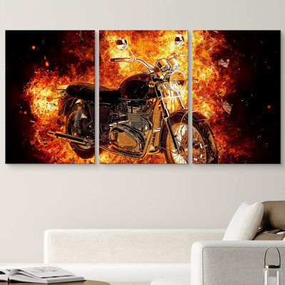 " High Contrast Burning Motorcycle Transportation Modern Art Industrial Scenic Edgy Ultra " 3 - Pieces