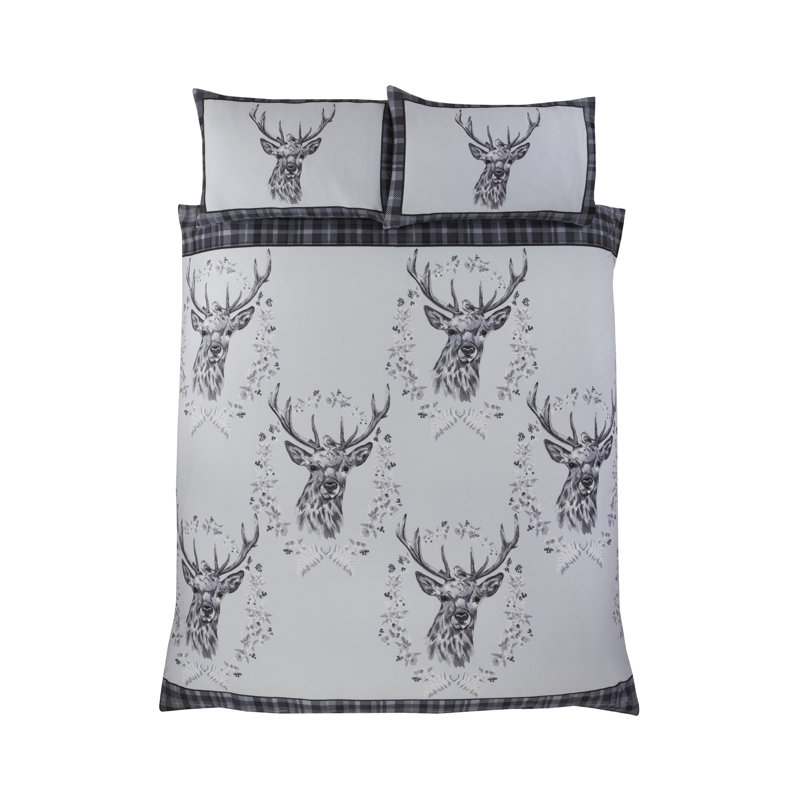 Stag & Wreath Winter Brushed Cotton Duvet Cover Set, Grey, Double Duvet Cover + 2 Standard Pillowcases
