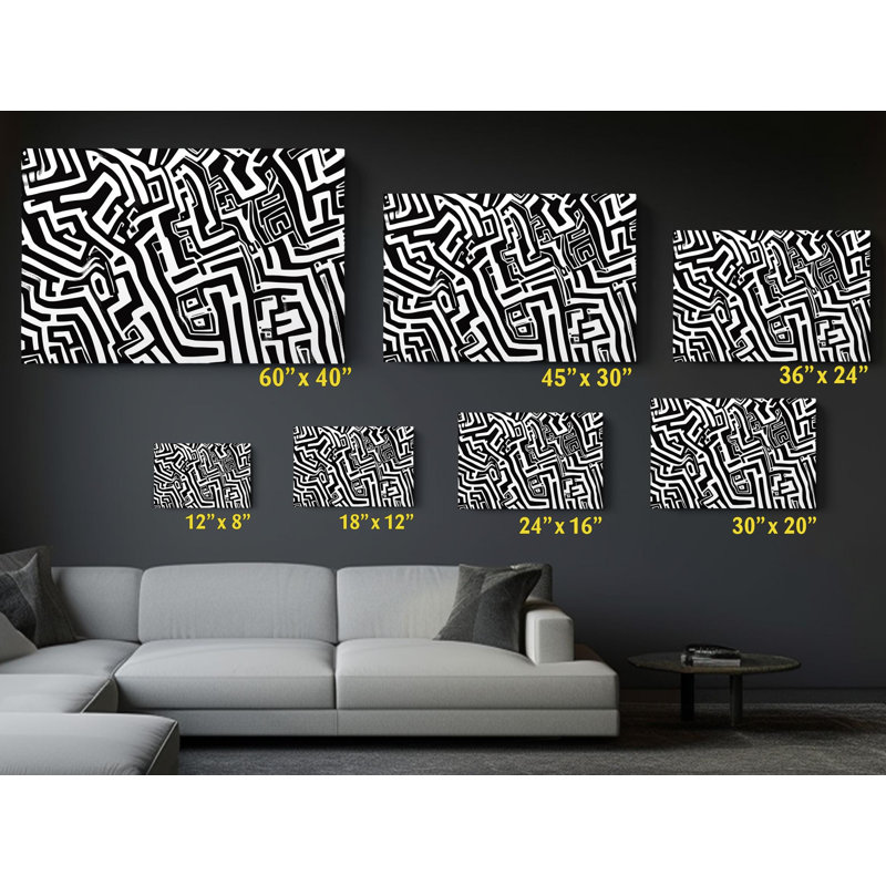 Reproduction d'art sur toile de haute qualité en noir et blanc sur un labyrinthe abstrait noir et blanc - art élégant - cadeau - reproduction murale, reproduction de peinture
