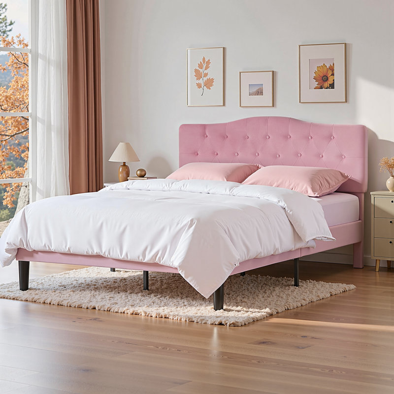 Kempst Upholstered Bed with Adjustable Headboard & Solid Wooden Slats, Under Bed Storage, No Box Spring Needed, Queen, Pink
