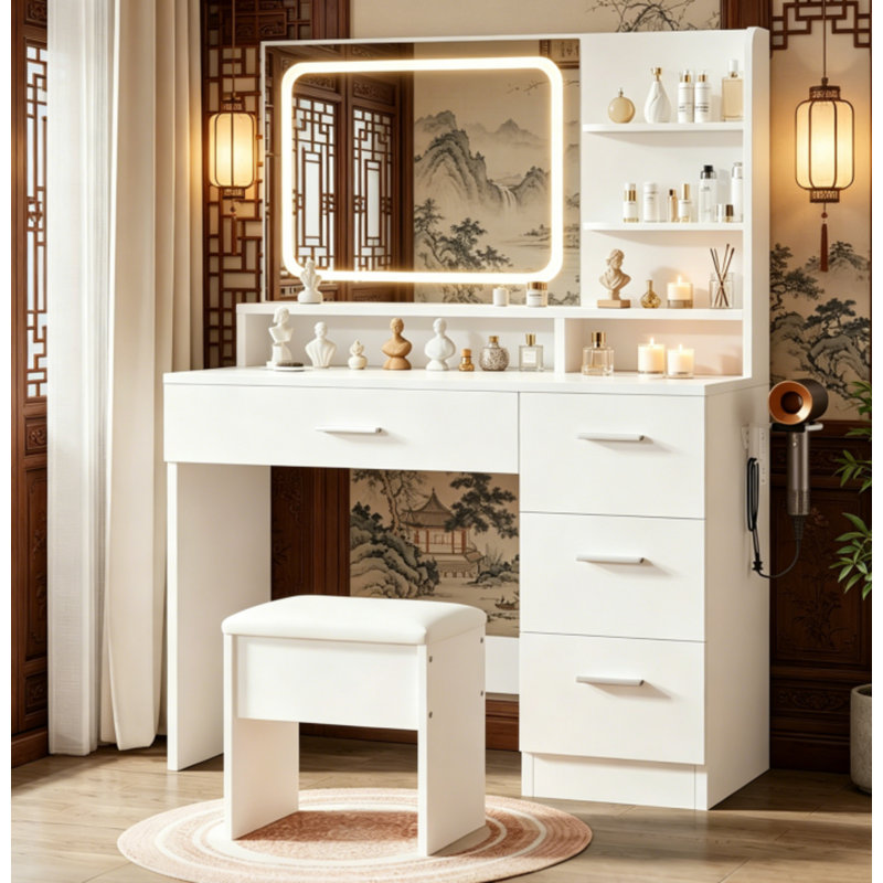 Élégante coiffeuse blanche avec miroir à DEL, 4 tiroirs de rangement, prise de courant et tabouret rembourré pour la chambre à coucher