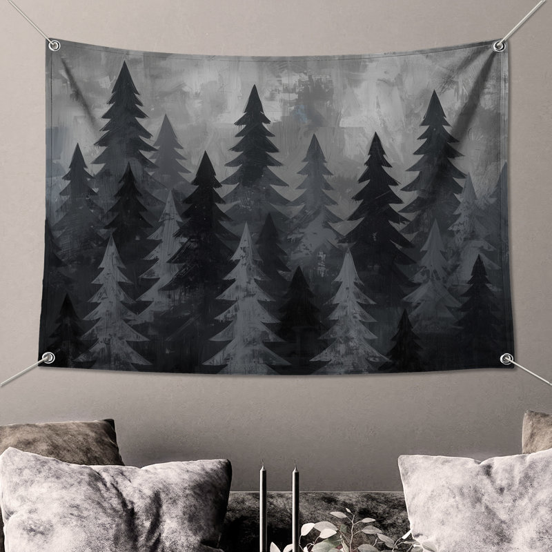 Tapisserie murale forêt de pin gris - décoration murale forêt, 68 po H x 80 po L avec 4 œillets