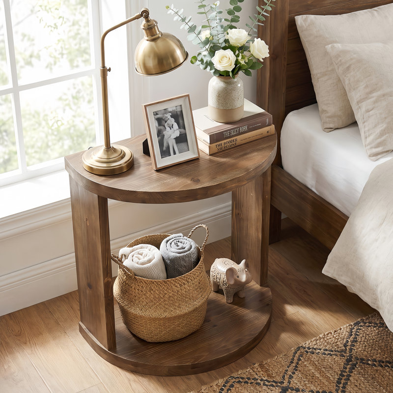 Table de chevet en bois massif 23,6 po, table de chevet demi-lune avec tablette ouverte pour la chambre à coucher, petits espaces