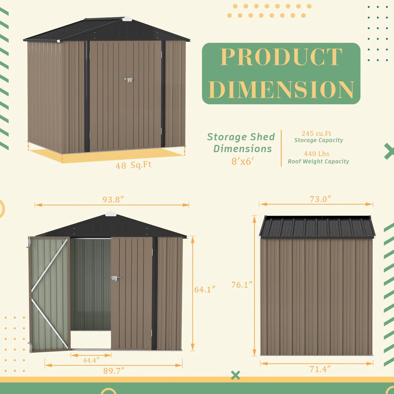 8 ft. x 6 ft. Brown Metal Outdoor Storage Shed with Sloping Roof